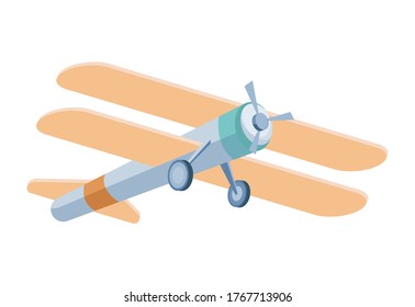 Retro classic biplane in flight vector flat illustration isolated on white background. Airplane, transportation, flight, travel symbol. Aircraft propeller with two wings.