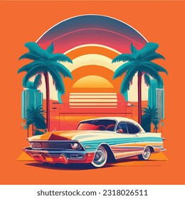 Retro Classic Car, Colorful Street and Background.