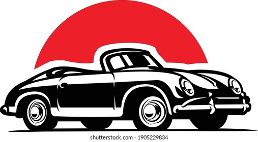 Retro classic car in red background, vintage car vector isolated