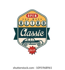 Retro classic car wash logo, open 24 7, auto service badge, retro vintage label vector Illustration on a white background