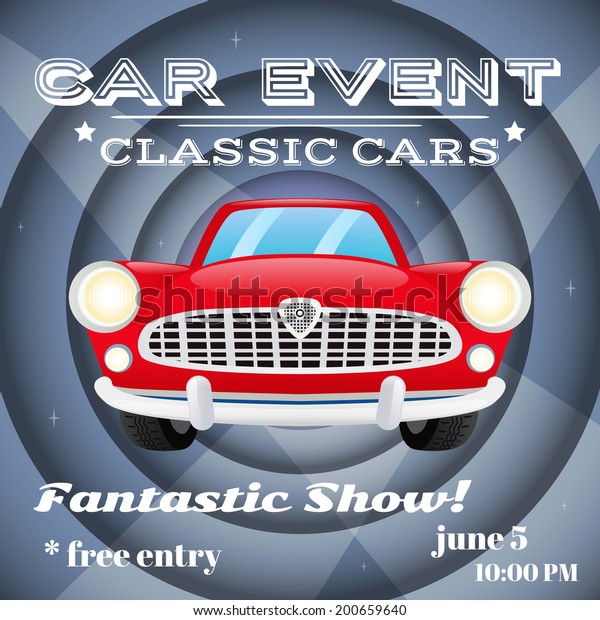 Retro classic cars show event auto\
advertising poster vector\
illustration
