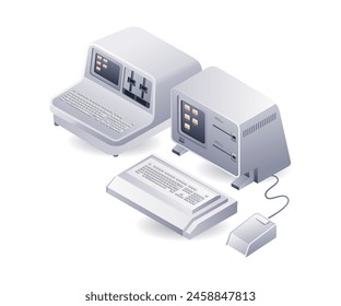 Ilustración 3D isométrica plana de la infografía de la tecnología de la computadora clásica retro
