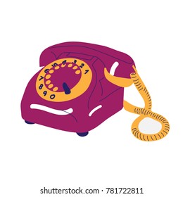 Retro classic dial wired disc telephone. Colorful vector illustration in flat style isolated on white background