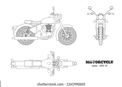 Retro classic motorcycle in outline style. Side, top and front view. Drawing of vintage motorbike on white background. Vector isolated illustration