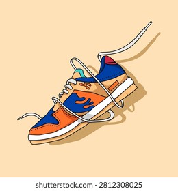 Retro classic skater sneaker with dynamic flying shoelaces vector illustration. Flat cartoon style colorful orange and blue sports shoe icon for graphic design, web banner, and sticker, isolated on beige background