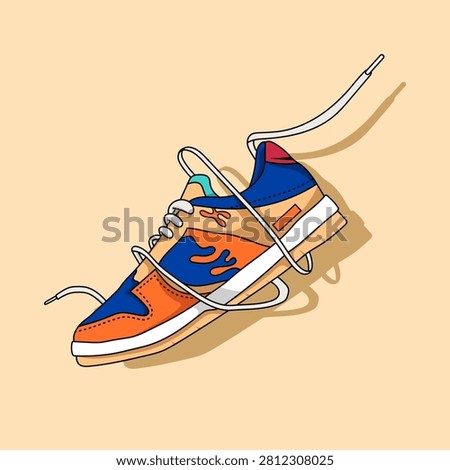 Retro classic skater sneaker with dynamic flying shoelaces vector illustration. Flat cartoon style colorful orange and blue sports shoe icon for graphic design, web banner, and sticker, isolated on beige background