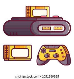 Retro classic TV game console. Vintage 8 bit console system with cartridge or cassette and controller. Popular video gaming device from nostalgic 90's. Old school media gadget icons in line art.