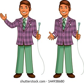 Retro Classic TV Game Show Host With Cheesy Smile And Plaid Jacket, In Two Poses