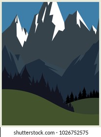 Retro classic vintage vector design concept travel poster ideal for vacation brochure, camping promotional advertisement with mountains and trees