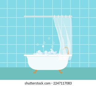 Retro clawfoot bath on blue background. Home interior concept. Cartoon flat style. Vector illustration
