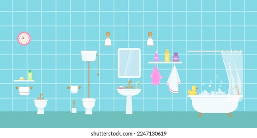 Retro clawfoot bathtub, toilet, bidet and sink with toiletries on blue background. Home interior concept. Cartoon flat style. Vector illustration
