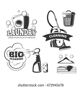 Retro cleaning and laundry services labels, emblems, logos, badges set. Clean and wash, basket and sponge, vector illustration