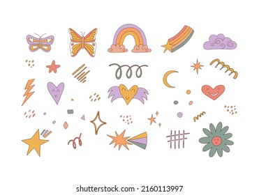 Retro clip art. Abstract shapes, funny comic cute characters and doodles. Vintage stickers. Heart smiles. Collection of hippy elements. Vector illustration.