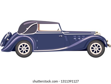 Retro Clip Art. Blue retro car with roof. Retro car silhouette