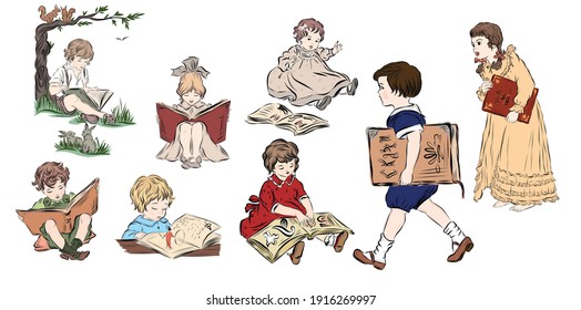 Retro clip art figures of kids with books. 