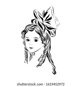 Retro clip art portrait girl with bow on her head tied with satin ribbon. 