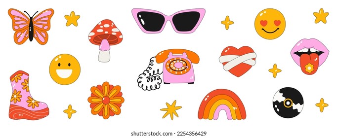 Retro clipart of the 60s - 70s. Vector illustrations in simple style. Stickers - Retro phone, rainbow, butterfly, flowers,mushroom, smiley face. Hippie psychedelic style. Isolated on background. 