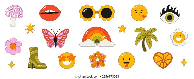 Retro clipart of the 60s - 70s. Vector illustrations in simple style. Stickers - Palm, rainbow, butterfly, flowers,mushroom, smiley face. Hippie psychedelic style. Isolated on background. 