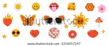 Retro clipart of the 60s - 70s. Vector illustrations in simple style. Stickers - Sun, disco ball, butterfly, flowers,mushroom, smiley face. Hippie psychedelic style. Isolated on background. 