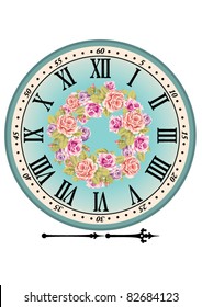 Retro clock dial with the Roman figures and pink roses. A dial and arrows are isolated on a white background