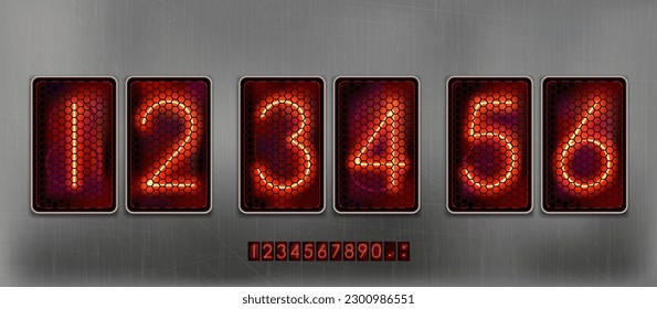 Retro clock with digital lamp glowing digits on a metallic background. Vector illustration