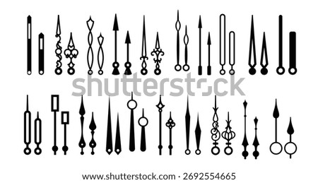 Retro clock hands, hand watch time pointer or arrows. Classic hand watch minute vintage hands or arms, analog clockwork arrow hour or retro clock monochrome isolated vector second pointers set