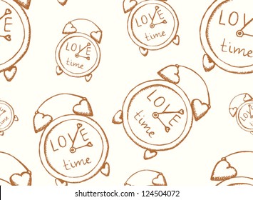 Retro clock with hearts, sketch vector pattern
