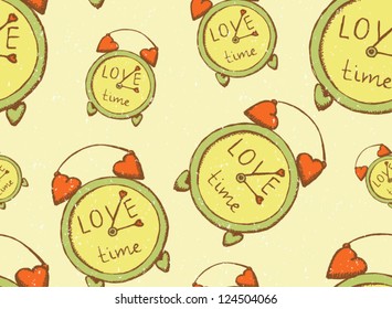 Retro clock with hearts, vintage vector pattern