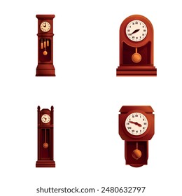 Iconos de reloj retro Vector de dibujos animados. Reloj de péndulo de estilo retro tradicional. Decoración interior, antigüedades