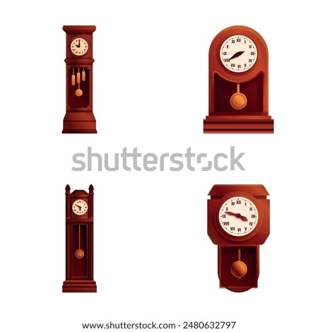 Retro clock icons set cartoon vector. Traditional retro style pendulum clock. Interior decoration, antiques