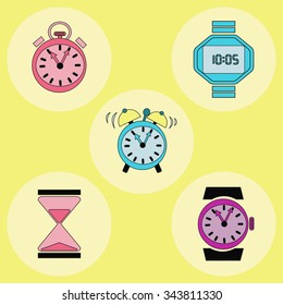 Retro clock icons, The set of colorful icons, flat design