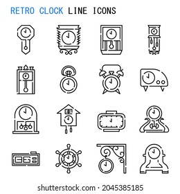 Runderuhr-Zeilensymbole, Set von einfachen, verschiedenen Signallinien-Symbolen der Retro-Uhr-Linie, Cute-Cartoon-Linie-Symbole, Vektorgrafik, Verschiedene, mit der Retrousche zusammenhängende Zeilensymbole 