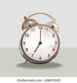 Retro clock on the desk, alarm clock 3d, vector, pure gold color