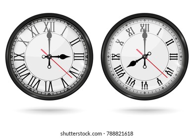 Retro clock with roman numerals and vintage hour and minute hand. Collection. Vector 3d illustration isolated on white background