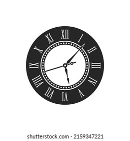 Retro clock, roman numerals watch, ornate hands isolated monochrome icon. Vector elegant hand watch design with ornament watchface. Minute and hour pointers, round hand watch dial, clockwise icon