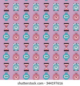 Retro clocks, Seamless pattern the set of clocks, flat design