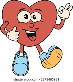 Retro clockwork character in the form of a heart. Cartoon character. Fashionable style of the 2000s. Vector illustration.