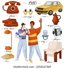 Retro clothes fashion and furniture popular in 80s. Isolated man and woman wearing jeans and oversized t shirts. Car and telephone, lamp and player, ring an chair, shoes and teapot. Vector in flat
