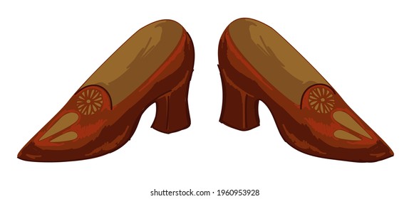 Retro clothes for women outfits, isolated vintage clothing for ladies. Red shoes on high heel, modest and simple accessories for outlook. Wearing stylish and trendy boots. Vector in flat style