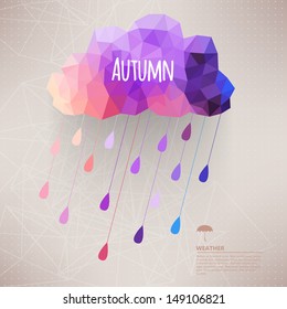 Retro cloud with rain symbol  hipster background made of triangles Retro background with rain drop pattern.Label design. Square composition with geometric shapes.Weather backdrop. Autumn template.