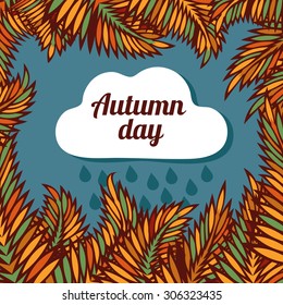 Retro cloud with rain symbol hipster background. Retro frame with rain drop and floral pattern. Label design.Weather backdrop. Autumn template.