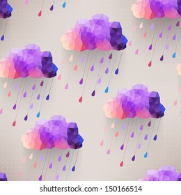 Retro cloud seamless pattern with rain symbol, hipster background made of triangles Retro background with rain drop pattern.Square composition with geometric shapes.Weather backdrop. Autumn template.