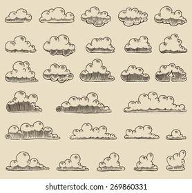 Retro clouds engraving vector illustration, hand drawn, sketch