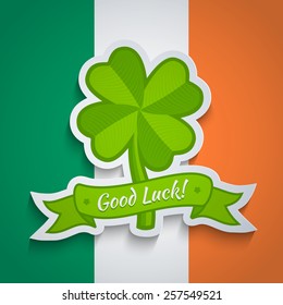 Retro clover sticker on Irish flag for Patrick day