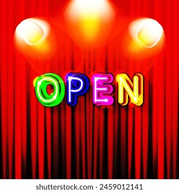 Retro club inscription Open. Vintage electric signboard with bright neon lights. Blue and red light falls on a black background. Vector illustration