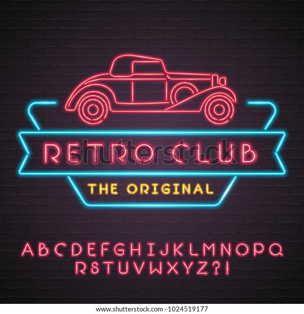 Retro Club Neon\
Light Glowing with Retro Car Symbol Bright. Retro Logo Restaurant\
with Neon Alphabet Red\
Colour