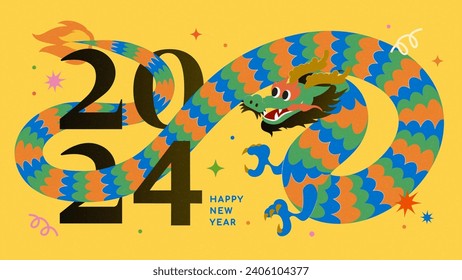 Retro CNY greeting card with pattern dragon tangle around 2024 on yellow background.