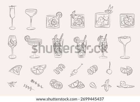 Retro cocktail doodle set with hand drawn garnish, classic drinks and vintage bar glass icons. Whimsical vector illustration for kitchen decor, party menu or creative wall art.