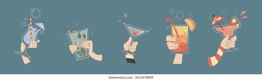 Retro cocktail glasses with hands holding beverages - martini, manhattan, margarita, cherry cocktail. Decorative elements with ice cubes, olives, cherries, citrus slices. Vintage style drinks set.