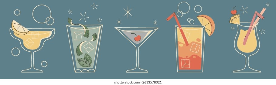 Retro cocktail glasses set isolated on background. Vector illustration of vintage party bar menu, mojito beverage, cups of alcoholic drinks with lemon, orange, cherry, pineapple pieces and straws